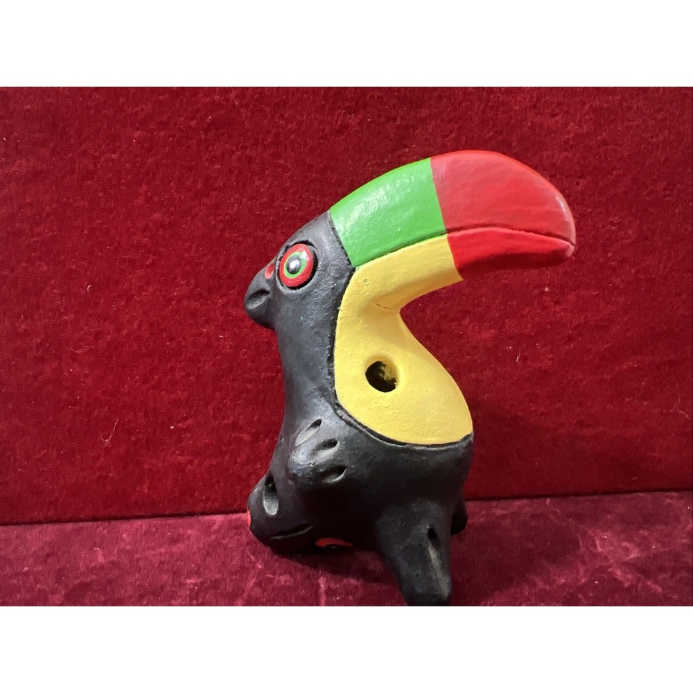 Handmade Black‎ Toucan Bird Clay Whistle Ocarina Folk Art Mexico Red Green Yello